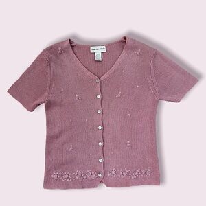 Vintage Hampshire Studio knit short sleeve button down with floral embroidery